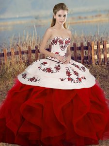 Perfect Tulle Sweetheart Sleeveless Lace Up Embroidery and Ruffles and Bowknot Sweet 16 Dress in White And Red