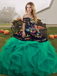 Colorful Turquoise Tulle Lace Up Sweet 16 Dress Sleeveless Floor Length Embroidery and Ruffles