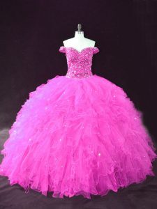Sleeveless Floor Length Beading and Ruffles Lace Up Sweet 16 Quinceanera Dress with Fuchsia