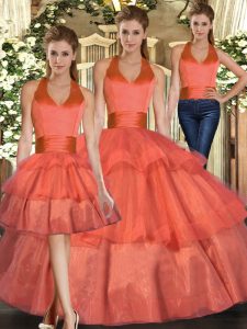 Orange Sleeveless Floor Length Ruffled Layers Lace Up Sweet 16 Dresses