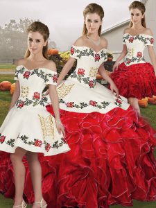 White And Red Sleeveless Embroidery and Ruffles Floor Length Quinceanera Gown
