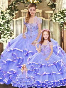 Lavender Sleeveless Floor Length Beading and Ruffled Layers Lace Up Quinceanera Gowns