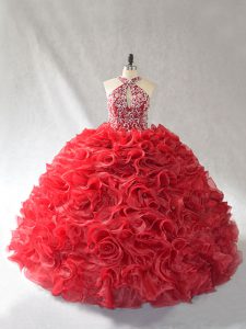 Best Selling Red Sleeveless Brush Train Beading and Ruffles Ball Gown Prom Dress