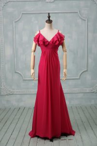 Luxurious Straps Sleeveless Homecoming Dress Brush Train Ruching Hot Pink Chiffon
