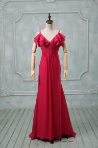 Luxurious Straps Sleeveless Homecoming Dress Brush Train Ruching Hot Pink Chiffon