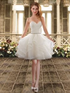 White Lace Up Sweetheart Ruffles and Belt Dama Dress Tulle Sleeveless