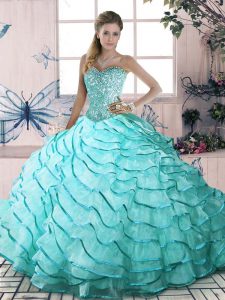 Noble Sleeveless Organza Brush Train Lace Up Quince Ball Gowns in Aqua Blue with Beading and Ruffled Layers
