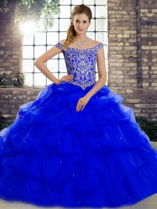 Extravagant Royal Blue Sleeveless Tulle Brush Train Lace Up Quinceanera Dress for Military Ball and Sweet 16 and Quinceanera