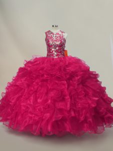 Admirable Sweetheart Sleeveless Quinceanera Gown Floor Length Ruffles and Sequins Hot Pink Organza