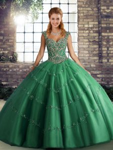 Green Lace Up Vestidos de Quinceanera Beading and Appliques Sleeveless Floor Length