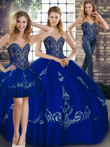 Royal Blue Lace Up Sweetheart Beading and Embroidery 15th Birthday Dress Tulle Sleeveless