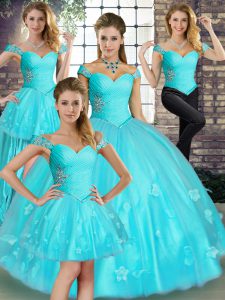 Edgy Aqua Blue Ball Gowns Off The Shoulder Sleeveless Tulle Floor Length Lace Up Beading and Appliques Quinceanera Gown