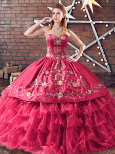 Cheap Red Ball Gowns Sweetheart Sleeveless Satin and Organza Floor Length Lace Up Embroidery and Ruffled Layers Sweet 16 Dresses