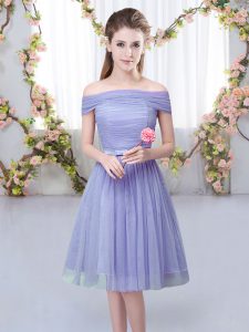 Empire Dama Dress Lavender Off The Shoulder Tulle Short Sleeves Knee Length Lace Up