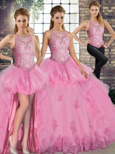 Rose Pink Lace Up Quinceanera Dresses Lace and Embroidery and Ruffles Sleeveless Floor Length