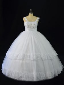 White Lace Up Straps Beading and Appliques Quinceanera Dress Tulle Sleeveless