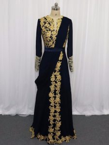 New Style Lace and Appliques Prom Dresses Navy Blue Zipper Long Sleeves Floor Length