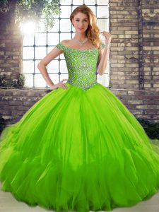 Classical Ball Gowns Off The Shoulder Sleeveless Tulle Floor Length Lace Up Beading and Ruffles Quinceanera Gowns
