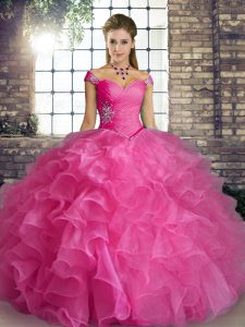 Super Rose Pink Organza Lace Up Quinceanera Dress Sleeveless Floor Length Beading and Ruffles
