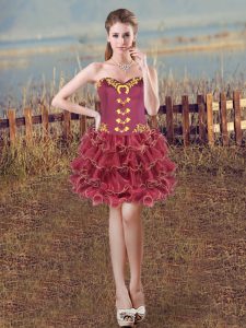 Burgundy Lace Up Sweetheart Embroidery and Ruffles Homecoming Dress Organza Sleeveless