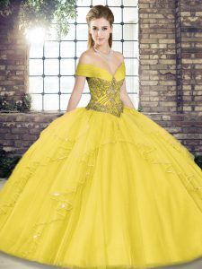 Exceptional Gold Lace Up Off The Shoulder Beading and Ruffles Quinceanera Gown Tulle Sleeveless