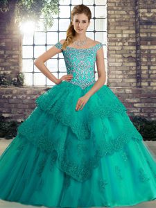 Sleeveless Beading and Lace Lace Up Quinceanera Gown with Turquoise Brush Train