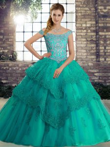 Sleeveless Beading and Lace Lace Up Quinceanera Gown with Turquoise Brush Train