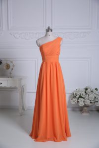 Simple Orange Empire Chiffon One Shoulder Sleeveless Ruching Floor Length Zipper Quinceanera Court Dresses