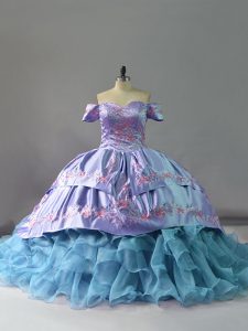 Blue Ball Gowns Organza Off The Shoulder Sleeveless Ruffles Lace Up 15th Birthday Dress Chapel Train