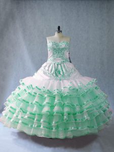 Top Selling Floor Length Lace Up 15 Quinceanera Dress Apple Green for Sweet 16 and Quinceanera with Embroidery and Ruffled Layers