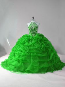 Amazing Green Sleeveless Court Train Beading and Pick Ups Quinceanera Gown