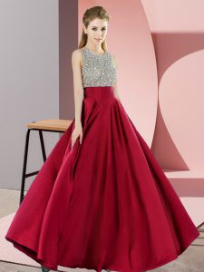 Beading Evening Gowns Wine Red Backless Sleeveless Floor Length