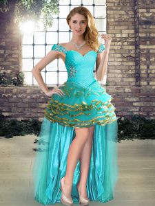 Hot Selling High Low Aqua Blue Going Out Dresses Off The Shoulder Sleeveless Lace Up
