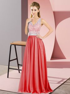 Modern Red Sleeveless Floor Length Beading and Lace Backless Formal Evening Gowns