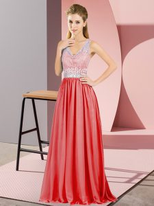 Modern Red Sleeveless Floor Length Beading and Lace Backless Formal Evening Gowns