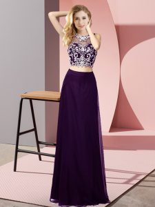 Artistic Scoop Sleeveless Prom Dresses Floor Length Beading Purple Chiffon