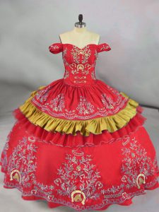 Custom Designed Off The Shoulder Sleeveless Lace Up Sweet 16 Dress Red Satin
