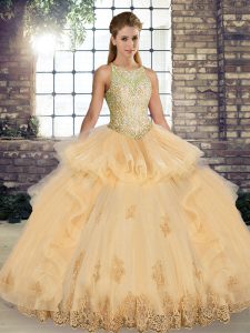 Scoop Sleeveless Lace Up 15 Quinceanera Dress Champagne Tulle