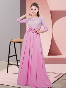 Rose Pink Chiffon Side Zipper Quinceanera Dama Dress 3 4 Length Sleeve Floor Length Lace and Belt