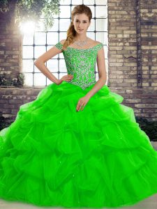 Tulle Sleeveless Quince Ball Gowns Brush Train and Beading and Pick Ups