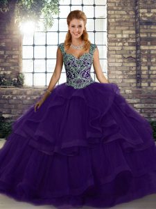 Purple Tulle Lace Up Straps Sleeveless Floor Length Quince Ball Gowns Beading and Ruffles