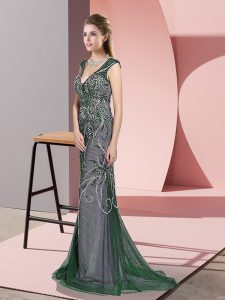 Dark Green Evening Dress Tulle Sweep Train Sleeveless Beading