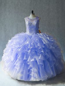 Custom Fit Floor Length Lace Up Ball Gown Prom Dress Lavender for Sweet 16 and Quinceanera with Beading and Ruffles