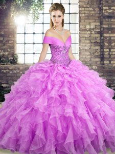 Lace Up Vestidos de Quinceanera Lilac for Military Ball and Sweet 16 and Quinceanera with Beading and Ruffles Brush Train
