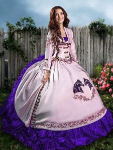 Sleeveless Floor Length Embroidery and Ruffles Lace Up Quinceanera Dress with White And Purple