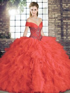 Sweet Coral Red Sleeveless Beading and Ruffles Floor Length Sweet 16 Quinceanera Dress