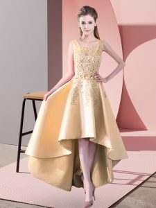 Custom Fit Scoop Sleeveless Damas Dress High Low Lace Gold Satin