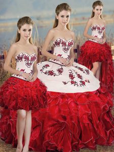 Delicate Organza Sweetheart Sleeveless Lace Up Embroidery and Ruffles and Bowknot Quinceanera Dress in White And Red
