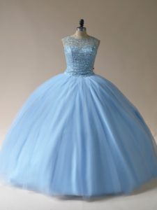 Tulle Scoop Sleeveless Lace Up Beading Quinceanera Gown in Light Blue