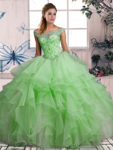Traditional Green Off The Shoulder Neckline Beading and Ruffles Vestidos de Quinceanera Sleeveless Lace Up